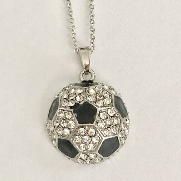 Soccer Ball Black Enamel Clear Crystal Silver Chain Necklace Jewelry Futball 19" - Picture 4 of 9